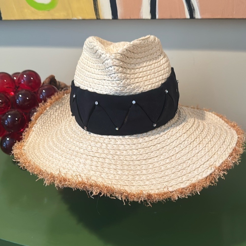 Gena Fausel Design cream colored straw hat withh black band and rhinestones